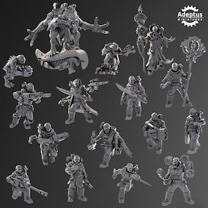 May include: A set of 16 miniature figures, including a large, multi-limbed creature, a hooded figure with a staff, and several humanoid figures with weapons. The figures are all in a grey, unpainted plastic.