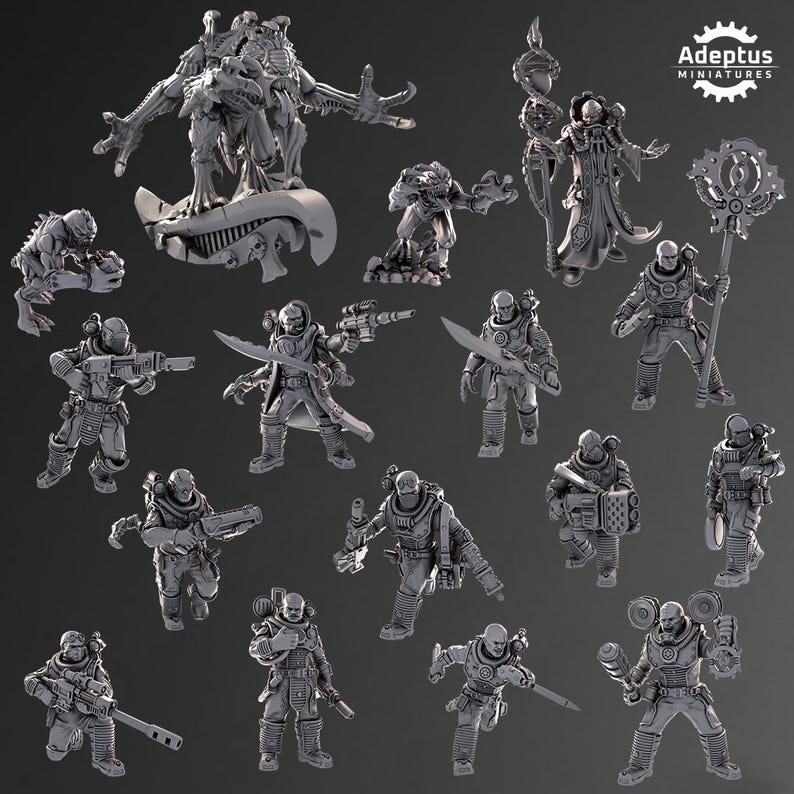 May include: A set of 16 miniature figures, including a large, multi-limbed creature, a hooded figure with a staff, and several humanoid figures with weapons. The figures are all in a grey, unpainted plastic.