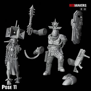 May include: A 3D printed miniature of a sci-fi warrior with a large speaker on their head, holding a weapon and a shield. The miniature is in a pose with one leg forward and the other leg back. The miniature is printed in grey plastic. The text "Pose 11" is visible in the image.