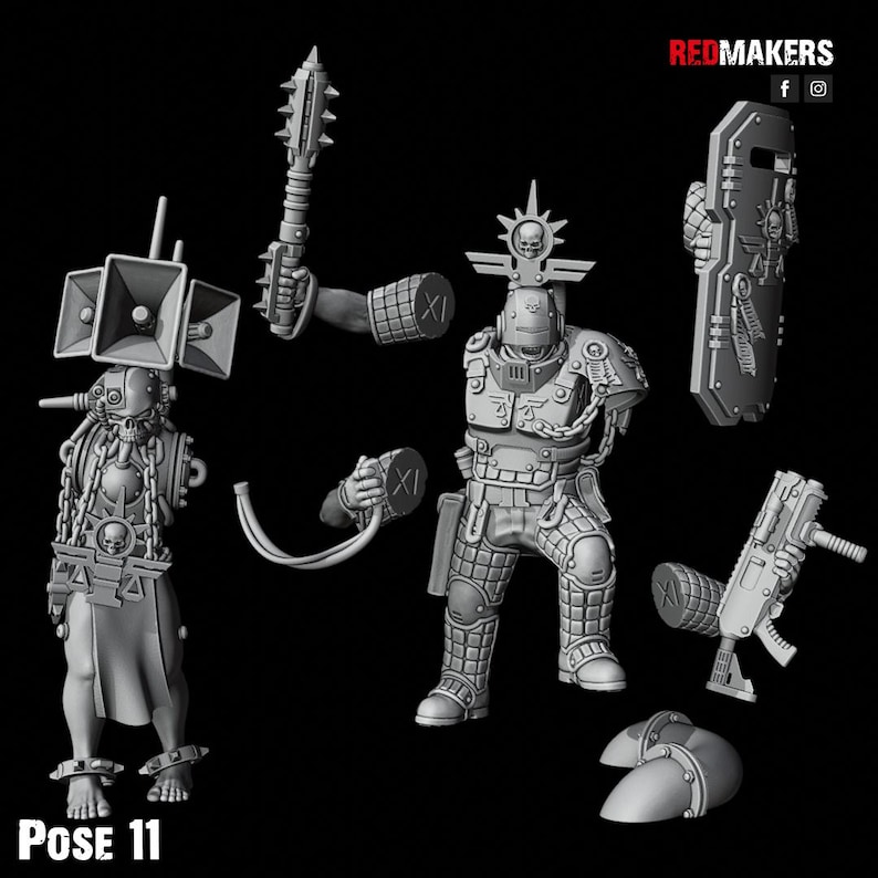 May include: A 3D printed miniature of a sci-fi warrior with a large speaker on their head, holding a weapon and a shield. The miniature is in a pose with one leg forward and the other leg back. The miniature is printed in grey plastic. The text "Pose 11" is visible in the image.