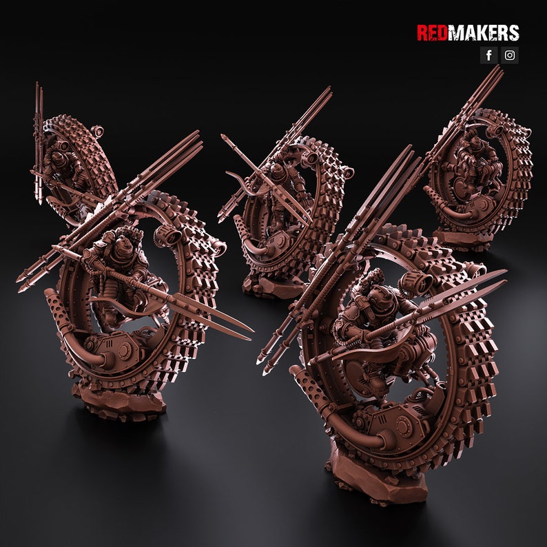 May include: Four detailed, bronze-colored, miniature sculptures of figures riding on a wheel with a gear-like design. Each figure is holding a weapon and is positioned in a dynamic pose. The sculptures are set against a black background.