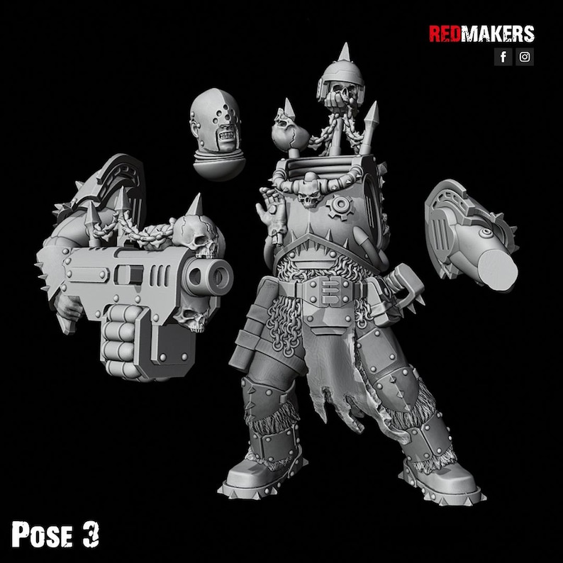 May include: A gray, 3D-printed miniature figure in a battle-ready pose, featuring a detailed armored torso, leg armor, and a large weapon. The figure includes a separate head and arm components. The text "POSE 3" is at the bottom.