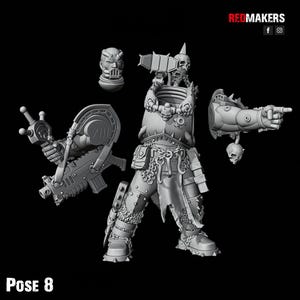 May include: A gray, unassembled miniature figure with multiple components, including a head, torso, arm with a weapon, and a pointing arm. The figure has a skull-themed design and is labeled "Pose 8". The Redmakers logo is in the top right corner.