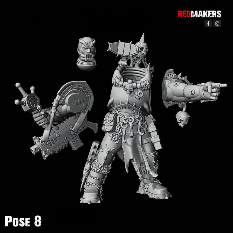 May include: A gray, unassembled miniature figure with multiple components, including a head, torso, arm with a weapon, and a pointing arm. The figure has a skull-themed design and is labeled "Pose 8". The Redmakers logo is in the top right corner.