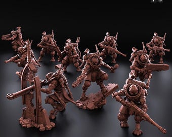 Puede incluir: Un conjunto de figuras de robots en miniatura de color marrón, cada una con diseños mecánicos detallados y armamento. Los robots están en varias poses de acción, sugiriendo una escena de batalla. El fondo es de un color oscuro y sólido, resaltando las figuras.