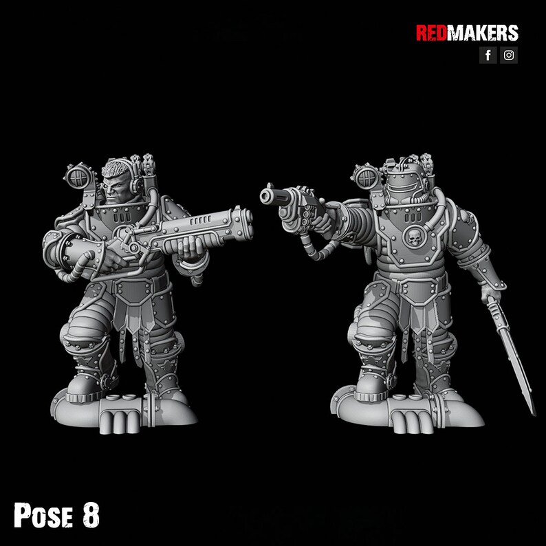 Puede incluir: Dos figuras en miniatura grises y detalladas de robots con pistolas y espadas. Las figuras est&aacute;n en una postura de acci&oacute;n din&aacute;mica. Las figuras est&aacute;n de pie sobre una base gris. El texto "POSE 8" est&aacute; en la esquina inferior izquierda de la imagen.