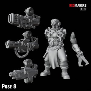 May include: A gray plastic miniature figure of a futuristic soldier wearing a helmet with a large visor and a heavy, detailed suit. The figure is holding a large, futuristic weapon in one hand and a smaller weapon in the other. The figure is posed in a dynamic action pose. The figure is labeled "Pose 8".