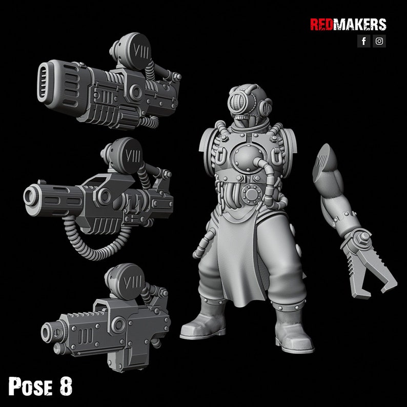 May include: A gray plastic miniature figure of a futuristic soldier wearing a helmet with a large visor and a heavy, detailed suit. The figure is holding a large, futuristic weapon in one hand and a smaller weapon in the other. The figure is posed in a dynamic action pose. The figure is labeled "Pose 8".