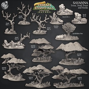 Peut inclure: Un ensemble de 10 arbres et rochers miniatures pour jeux de table. L'ensemble comprend des arbres morts, des acacias et des rochers. Les arbres sont faits d'un matériau gris clair et ont une texture réaliste. Les rochers sont également faits d'un matériau gris clair et ont une texture rugueuse. L'ensemble est parfait pour ajouter une touche de nature à votre expérience de jeu de table.