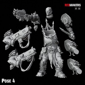 May include: A collection of gray 3D-printed miniature war game components, including a torso, arms holding guns, shoulder pads, and a head. The components are detailed with skulls and spikes. The text "POSE 4" is at the bottom.