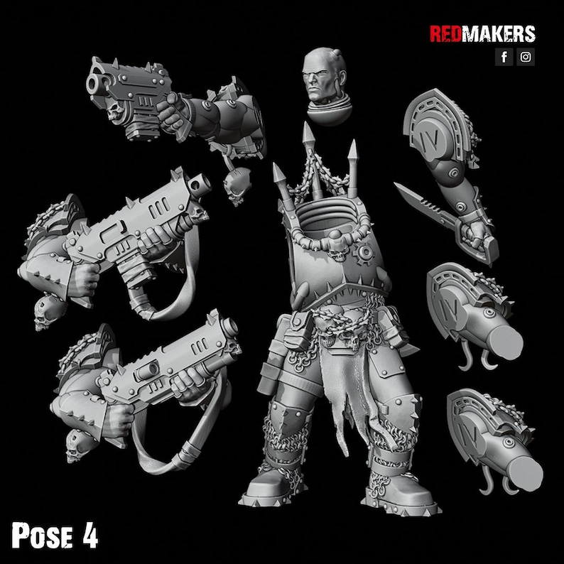 May include: A collection of gray 3D-printed miniature war game components, including a torso, arms holding guns, shoulder pads, and a head. The components are detailed with skulls and spikes. The text "POSE 4" is at the bottom.