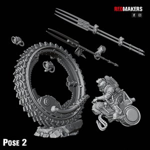 May include: A 3D printed model of a futuristic, sci-fi character riding a vehicle with a large, circular, gear-like wheel. The character is wearing a helmet and has a weapon in hand. The model is posed in a dynamic action pose.  Pose 2.