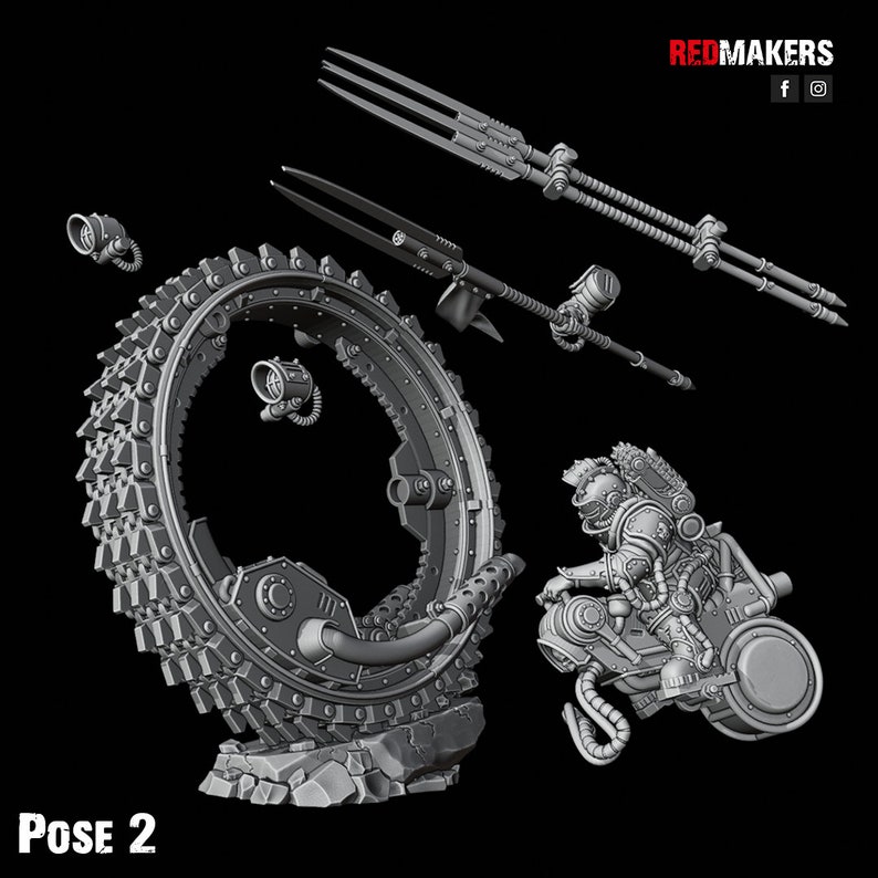 May include: A 3D printed model of a futuristic, sci-fi character riding a vehicle with a large, circular, gear-like wheel. The character is wearing a helmet and has a weapon in hand. The model is posed in a dynamic action pose.  Pose 2.