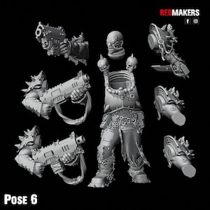 May include: A collection of gray, 3D-printed miniature war game figures and components. The image includes a torso, head, arms, and weapons. The text "POSE 6" is visible at the bottom of the image. The logo "REDMAKERS" is in the top right corner.