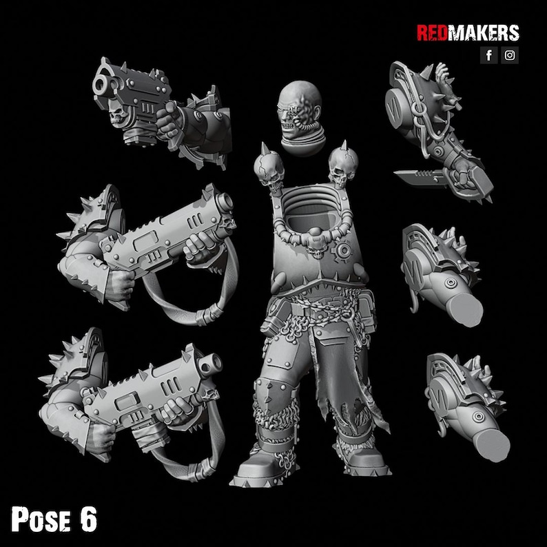 May include: A collection of gray, 3D-printed miniature war game figures and components. The image includes a torso, head, arms, and weapons. The text "POSE 6" is visible at the bottom of the image. The logo "REDMAKERS" is in the top right corner.