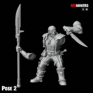 May include: A gray plastic miniature figure of a warrior holding a knife and a spear. The figure is wearing a bandana, a vest, and pants with straps and buckles. The figure is posed in a fighting stance.  Pose 2.