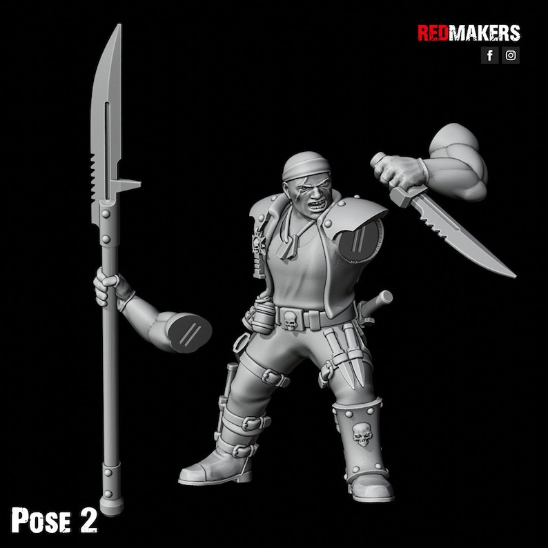 May include: A gray plastic miniature figure of a warrior holding a knife and a spear. The figure is wearing a bandana, a vest, and pants with straps and buckles. The figure is posed in a fighting stance.  Pose 2.