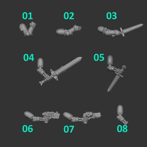 Könnte beinhalten: Eine Sammlung kleiner, grauer Kunststoffarme, von denen einige Schwerter und andere futuristisch aussehende Waffen halten. Die Arme sind von 01 bis 08 nummeriert, vor einem dunkelgrauen Hintergrund. Dies sind wahrscheinlich Teile für eine Miniaturfigur.