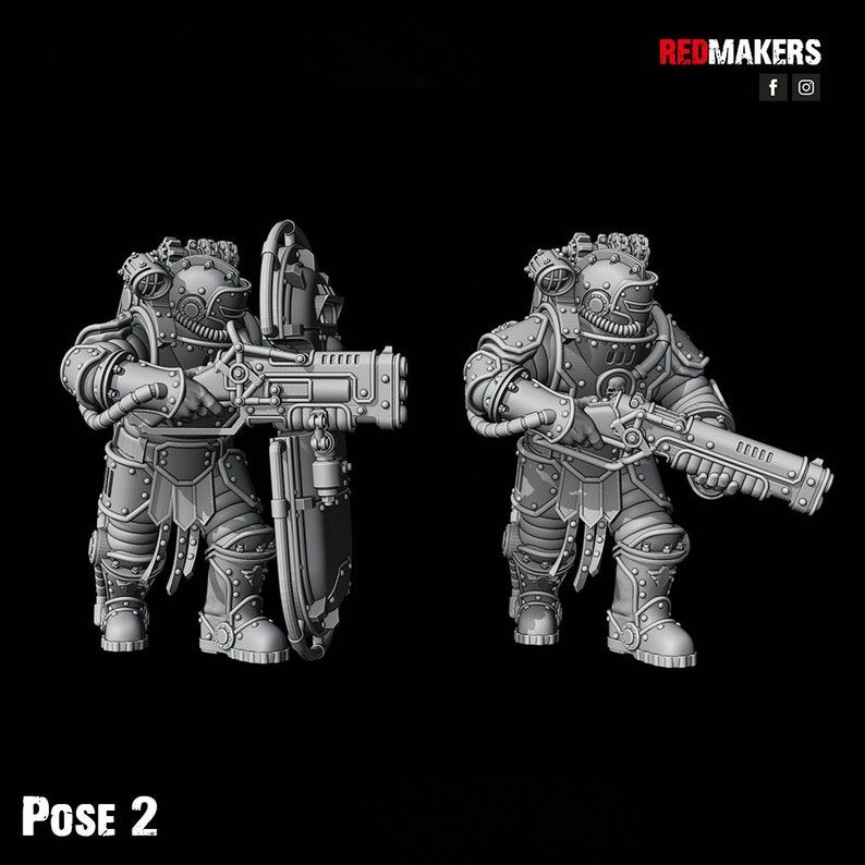 Puede incluir: Dos figuras en miniatura grises y detalladas de robots que llevan cascos y sostienen armas. Las figuras est&aacute;n en una postura din&aacute;mica, una con una pistola grande y la otra con una pistola m&aacute;s peque&ntilde;a. Las figuras est&aacute;n sobre un fondo negro. El texto "POSE 2" est&aacute; en la parte inferior de la imagen.