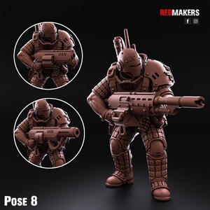 May include: A brown plastic miniature figure of a futuristic soldier wearing armour and holding a rifle. The figure is in a dynamic pose, with one leg forward and the other leg back. The figure is standing on a black surface. The figure is labelled "Pose 8".