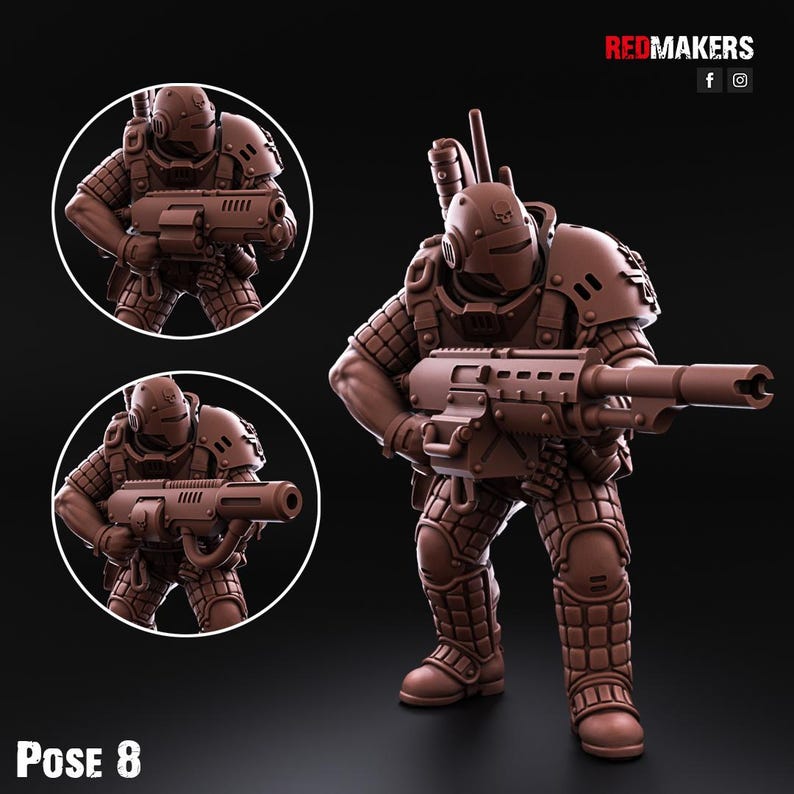 May include: A brown plastic miniature figure of a futuristic soldier wearing armour and holding a rifle. The figure is in a dynamic pose, with one leg forward and the other leg back. The figure is standing on a black surface. The figure is labelled "Pose 8".
