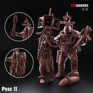 May include: A 3D printed miniature set of two figures, one with a large speaker on their head and the other with a gun. The figures are brown and have a detailed design. The set is labelled "Pose 11".