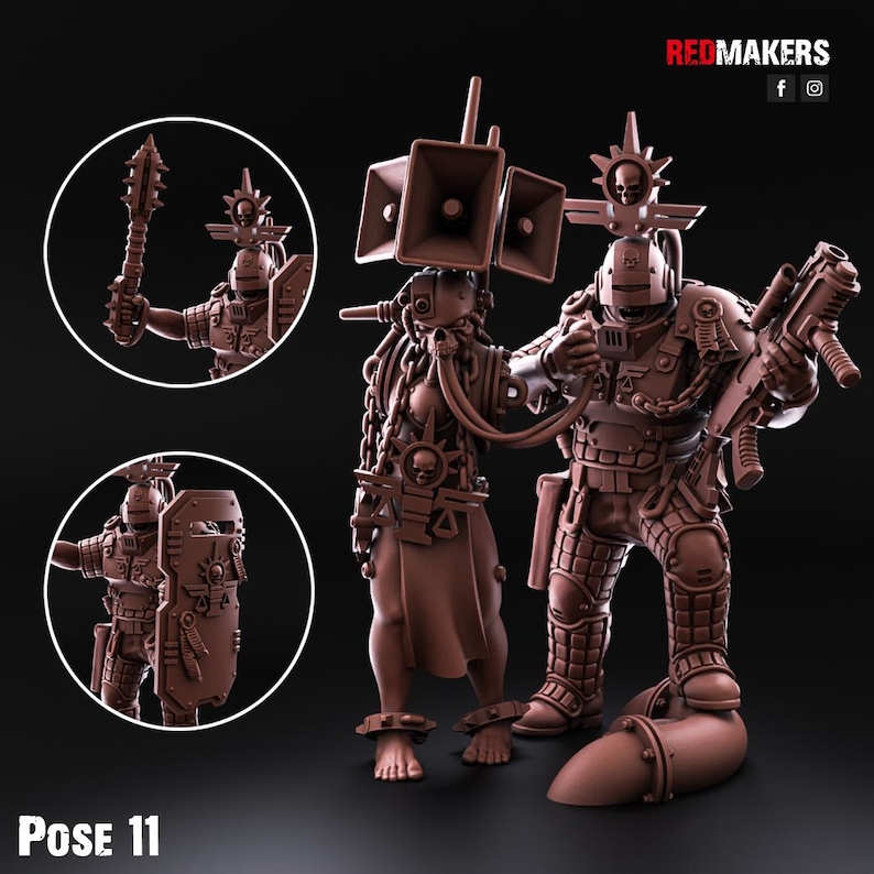 May include: A 3D printed miniature set of two figures, one with a large speaker on their head and the other with a gun. The figures are brown and have a detailed design. The set is labelled "Pose 11".