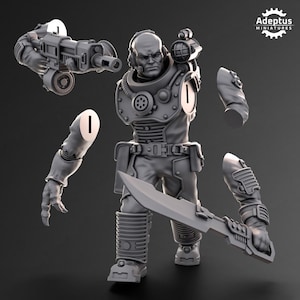 May include: A gray plastic miniature figure of a futuristic soldier with a large sword and a gun. The figure is in multiple pieces, including the head, torso, arms, and legs.