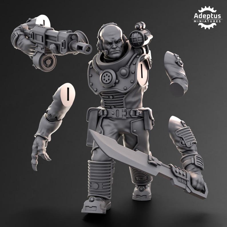 May include: A gray plastic miniature figure of a futuristic soldier with a large sword and a gun. The figure is in multiple pieces, including the head, torso, arms, and legs.
