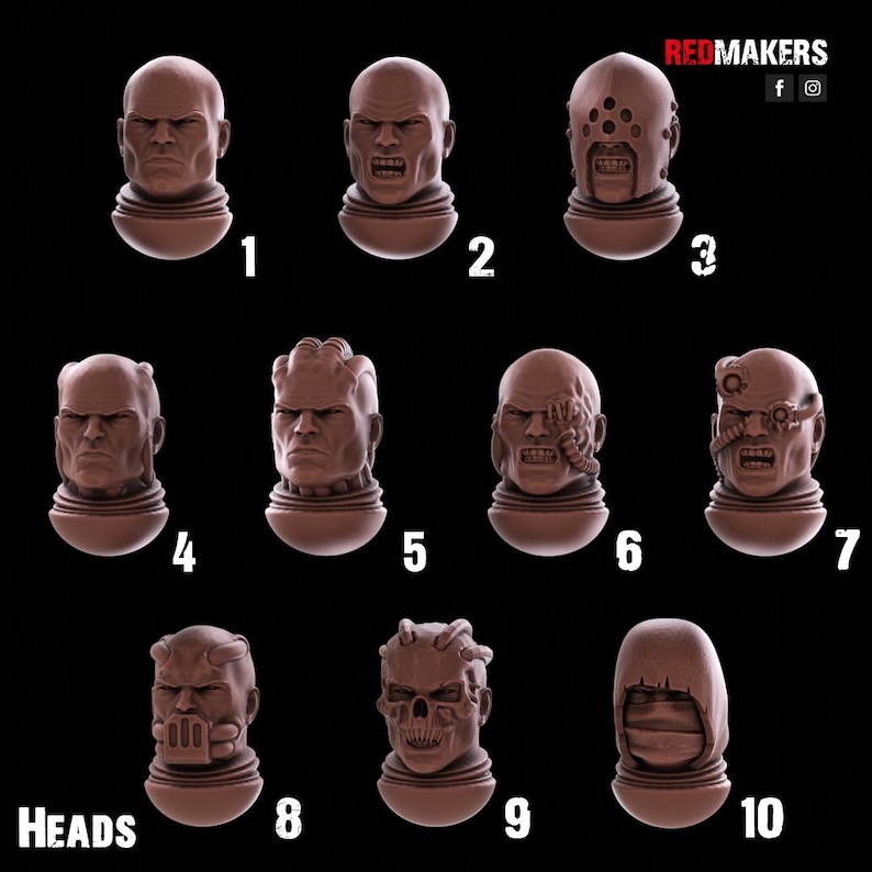 May include: A collection of ten brown resin heads with various designs, including bald heads, scarred faces, and a skull. The word "HEADS" is printed at the bottom left. The Redmakers logo is in the top right corner.
