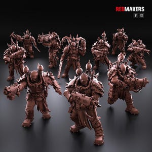May include: A group of brown, detailed miniature figures of armored warriors, each holding weapons. The figures have spiked armor and helmets, with a dark background. The text "REDMAKERS" is visible in the top right corner.