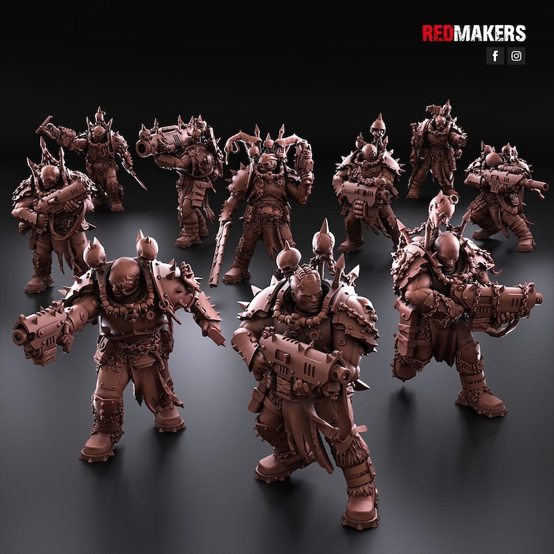 May include: A group of brown, detailed miniature figures of armored warriors, each holding weapons. The figures have spiked armor and helmets, with a dark background. The text "REDMAKERS" is visible in the top right corner.