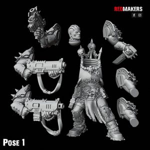 May include: A collection of gray 3D-printed miniature war game figures, including a torso, head, arms, and weapons. The figures are highly detailed with spikes, skulls, and armor. The text "POSE 1" is at the bottom.