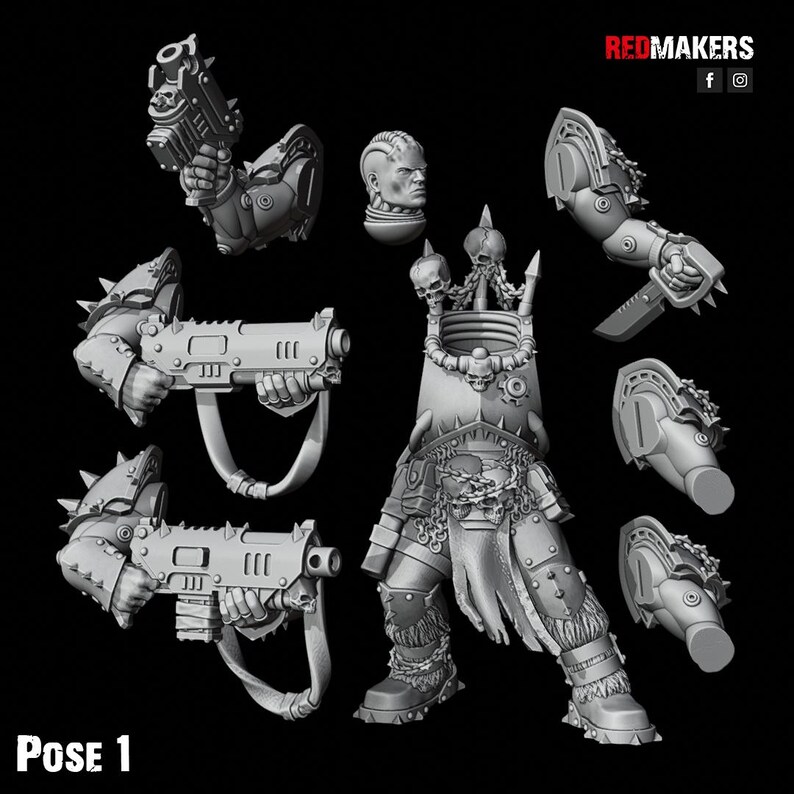 May include: A collection of gray 3D-printed miniature war game figures, including a torso, head, arms, and weapons. The figures are highly detailed with spikes, skulls, and armor. The text "POSE 1" is at the bottom.