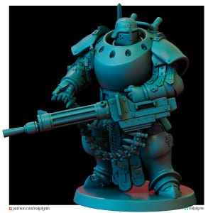 Peut inclure: Figurine turquoise d'un soldat lourdement armuré tenant une grosse mitrailleuse. Le soldat porte un casque et présente des détails complexes sur l'armure. La figurine est sur une base circulaire.