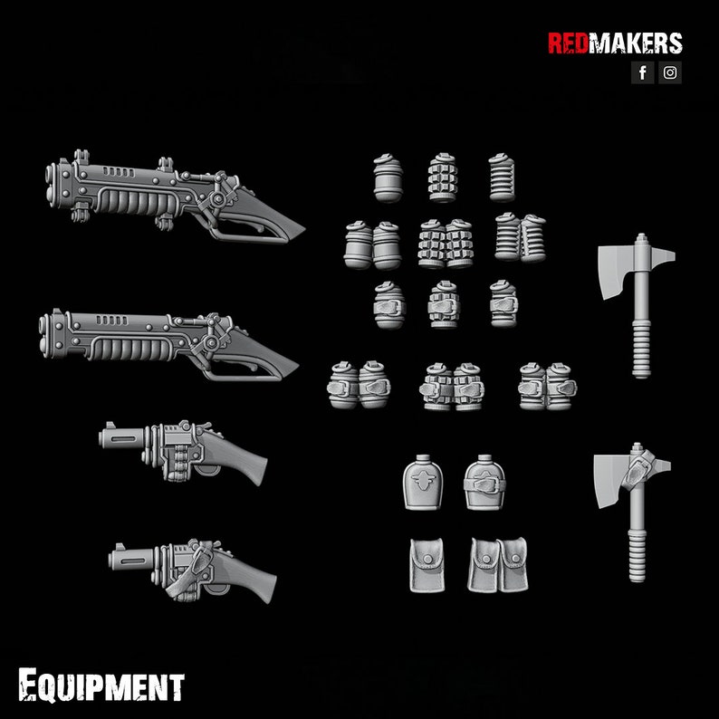 Puede incluir: Un conjunto de armas y accesorios en miniatura de pl&aacute;stico gris para un juego de mesa. El conjunto incluye dos escopetas, dos pistolas, dos hachas y varias bolsas y cantimploras.
