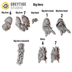Op de afbeelding: Een verzameling grijze miniatuurbeeldjes, waaronder armen, handen, hoofden, lendendoek en scheenbenen. De tekst "Big Hero" en "GREYTIDE STUDIO" is zichtbaar. De beeldjes zijn genummerd en gelabeld met hun respectievelijke onderdelen.