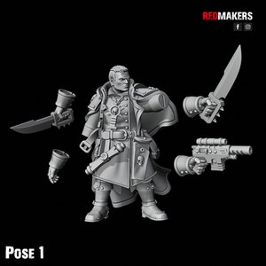 May include: A gray plastic miniature figurine of a person wearing a long coat and holding a weapon. The figurine is posed in a dynamic action pose. The figurine is labeled "Pose 1".