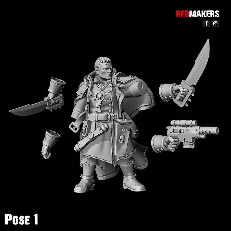 May include: A gray plastic miniature figurine of a person wearing a long coat and holding a weapon. The figurine is posed in a dynamic action pose. The figurine is labeled "Pose 1".