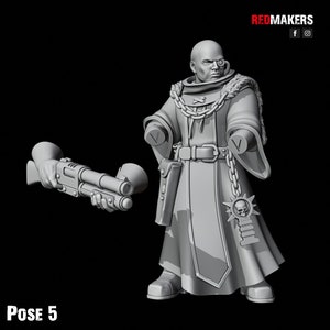 May include: A gray plastic miniature figure of a person wearing a long robe with a chain and a skull pendant. The figure is holding a gun in their right hand and has a monocle on their left eye. The figure is posed in a standing position with their left leg slightly forward. The figure is labeled "POSE 5".