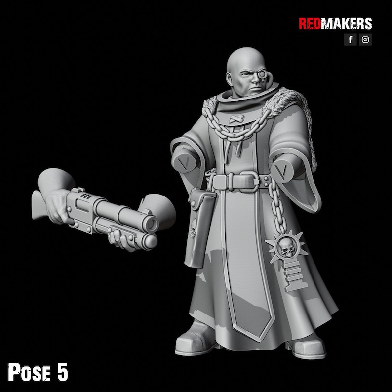 May include: A gray plastic miniature figure of a person wearing a long robe with a chain and a skull pendant. The figure is holding a gun in their right hand and has a monocle on their left eye. The figure is posed in a standing position with their left leg slightly forward. The figure is labeled "POSE 5".