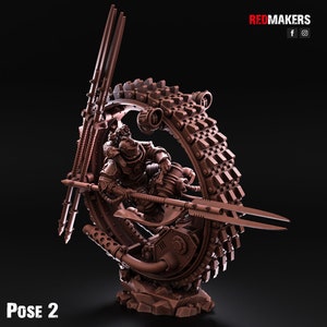 May include: A 3D printed model of a futuristic warrior riding a large, detailed wheel with a long spear. The model is painted in a brown color and is posed in a dynamic action pose. The model is labeled "POSE 2".