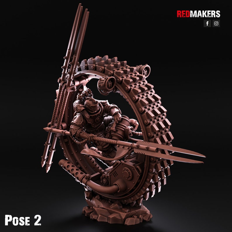 May include: A 3D printed model of a futuristic warrior riding a large, detailed wheel with a long spear. The model is painted in a brown color and is posed in a dynamic action pose. The model is labeled "POSE 2".
