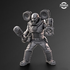 May include: A gray, detailed miniature figure of a futuristic soldier wearing a helmet with speakers and holding a weapon. The figure is posed in a dynamic action stance.