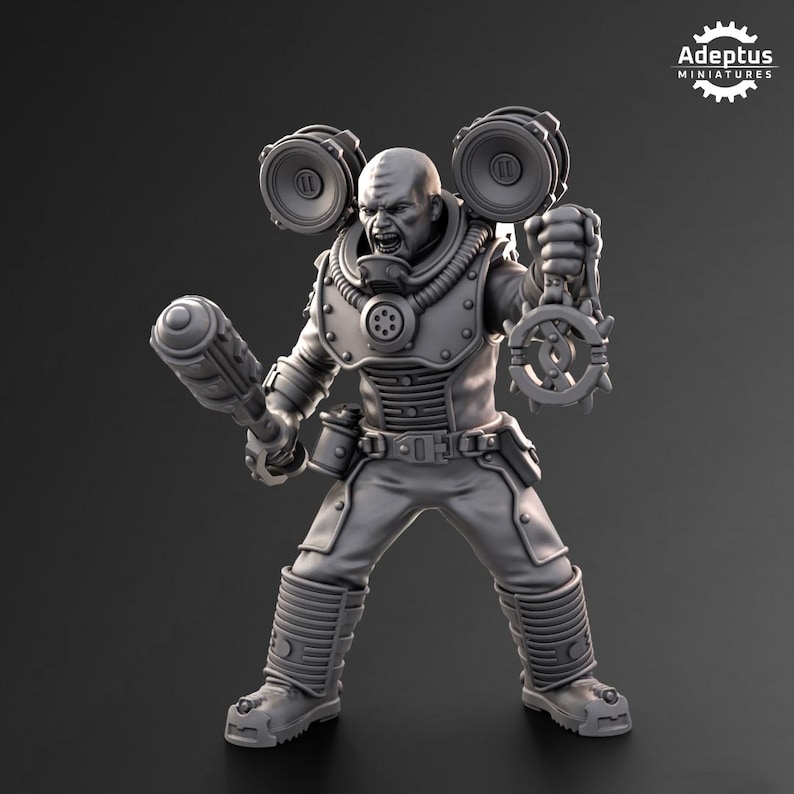 May include: A gray, detailed miniature figure of a futuristic soldier wearing a helmet with speakers and holding a weapon. The figure is posed in a dynamic action stance.