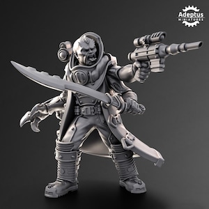 May include: A gray, detailed miniature figure of a futuristic warrior with a large, curved blade, a blaster pistol, and a hooded cloak. The figure is posed in a dynamic action stance.