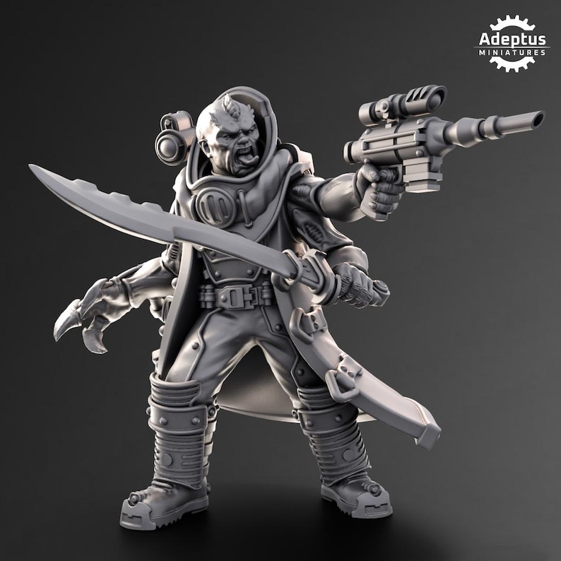 May include: A gray, detailed miniature figure of a futuristic warrior with a large, curved blade, a blaster pistol, and a hooded cloak. The figure is posed in a dynamic action stance.
