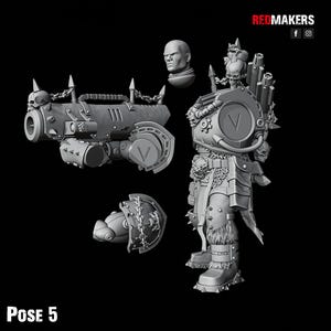 May include: A gray 3D-printed miniature figure set, including a cannon, armor, a head, and a shield. The armor features a large "V" emblem and skull details. The text "POSE 5" is at the bottom.