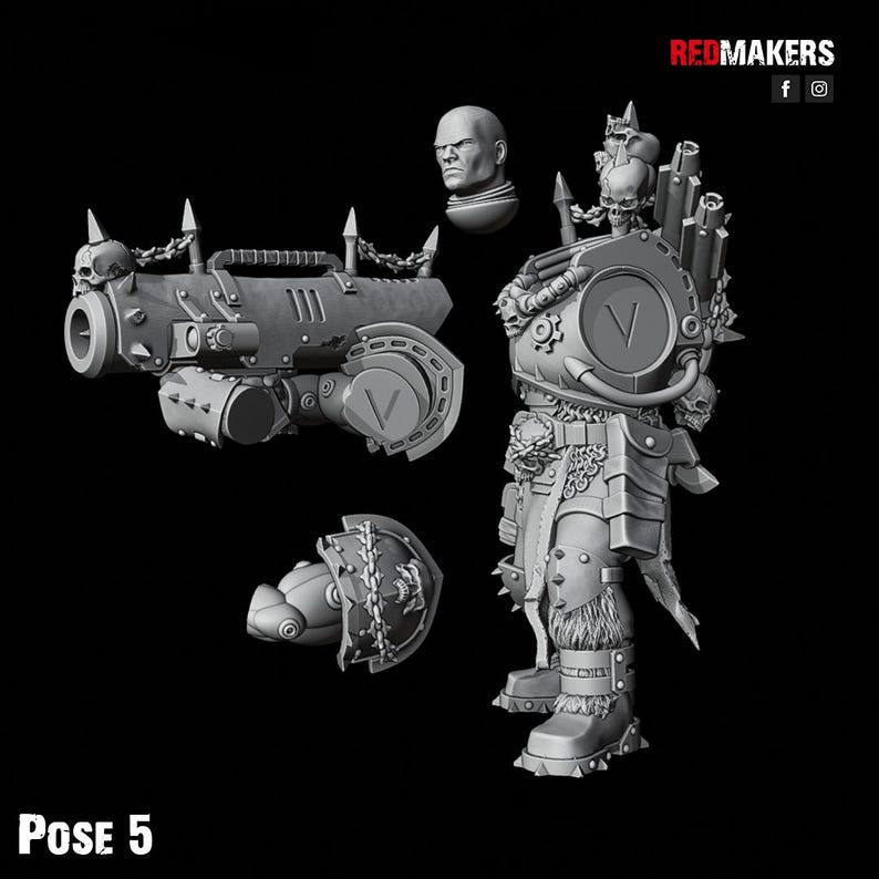 May include: A gray 3D-printed miniature figure set, including a cannon, armor, a head, and a shield. The armor features a large "V" emblem and skull details. The text "POSE 5" is at the bottom.