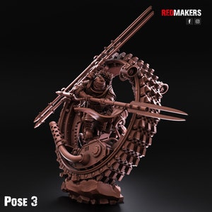 May include: A detailed 3D printed model of a futuristic warrior riding a large, spiked wheel. The warrior is holding a spear and is wearing armor. The model is painted in a brown color.